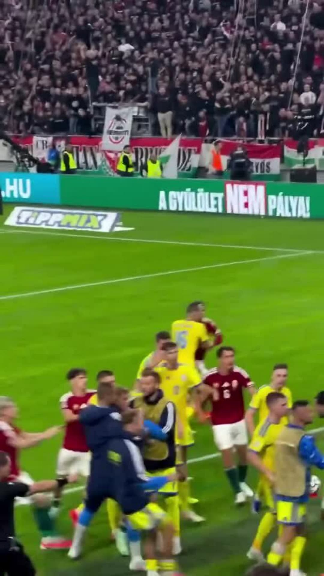 Hromadná strkanice v závěru utkání Maďarsko - Ukrajina